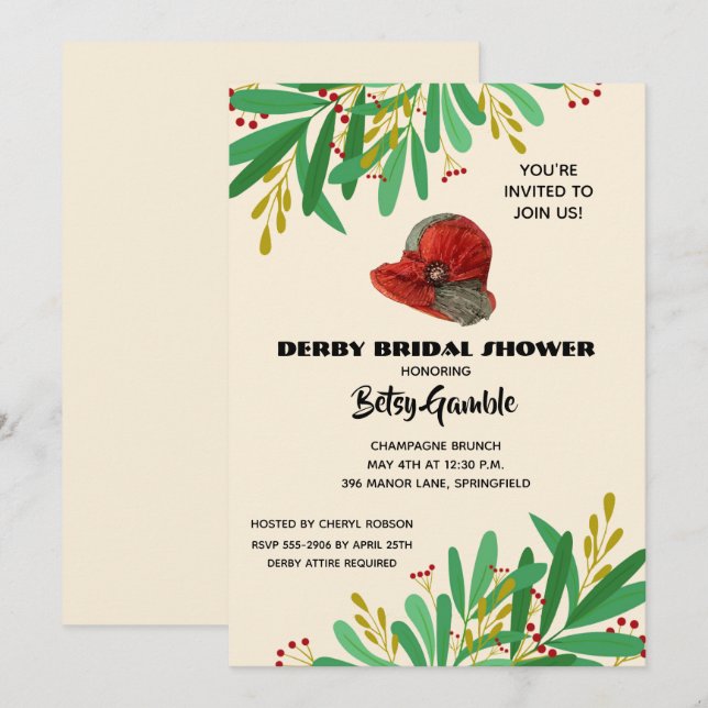 Invitación Vintage Cloche Derby Bridal Shower (Anverso / Reverso)
