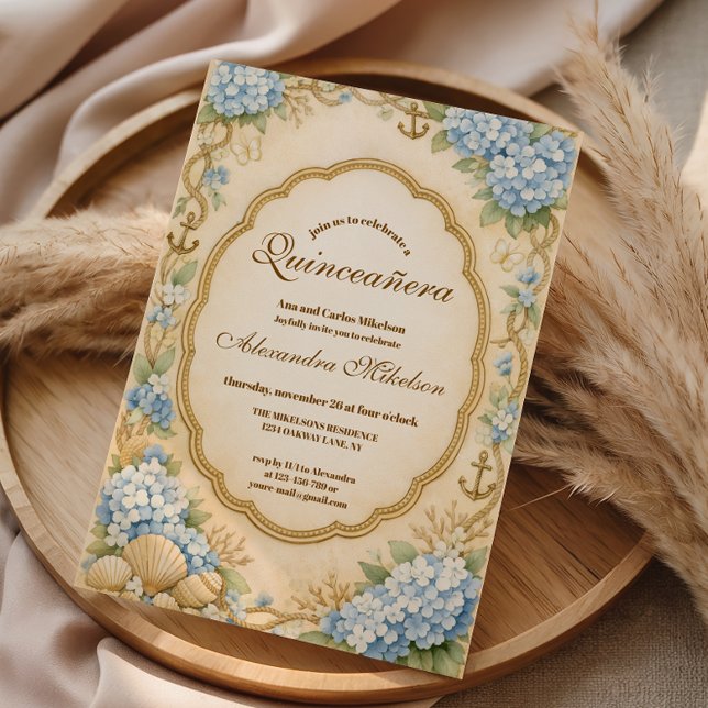 Invitación Vintage Coastal Hydrangea Quinceañera (Subido por el creador)