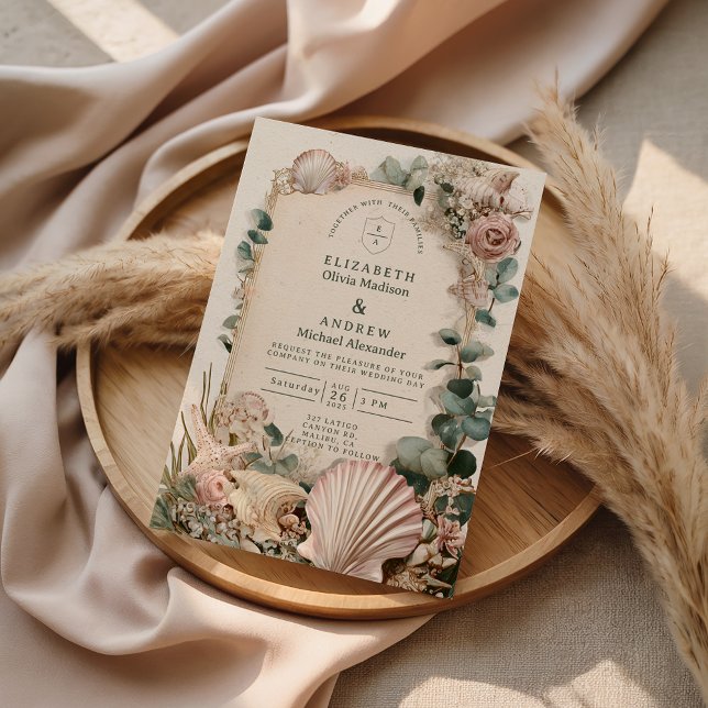 Invitación Vintage Coastal Shell Romance Wedding (Subido por el creador)