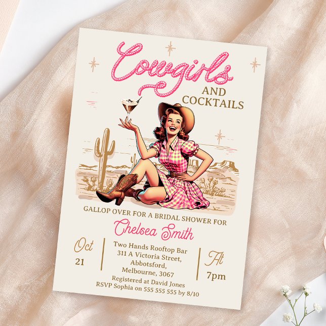 Invitación Vintage Cocktails rosada Cowgirl Bridal Shower (Vintage Cowgirl Bridal Shower Invitation Template, Retro Western Cowgirls Bridal Shower Invitations)