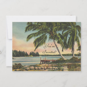 Invitación Vintage Coconut Palmas Breeze Tropical Sunset