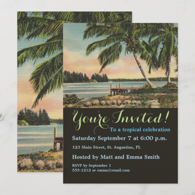 Invitación Vintage Coconut Palmas Breeze Tropical Sunset (Anverso / Reverso)