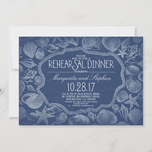 Invitación vintage conchas náuticas de playa ensayo cena (Anverso)