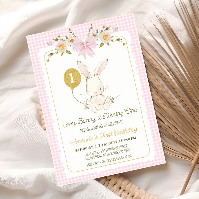 Invitación Vintage Conejo conejo conejo conejo blanco rosado  (Some Bunny 1st Birthday Invitation Wildflowers Bow, Bunny Themed Birthday Invitation for Girl)