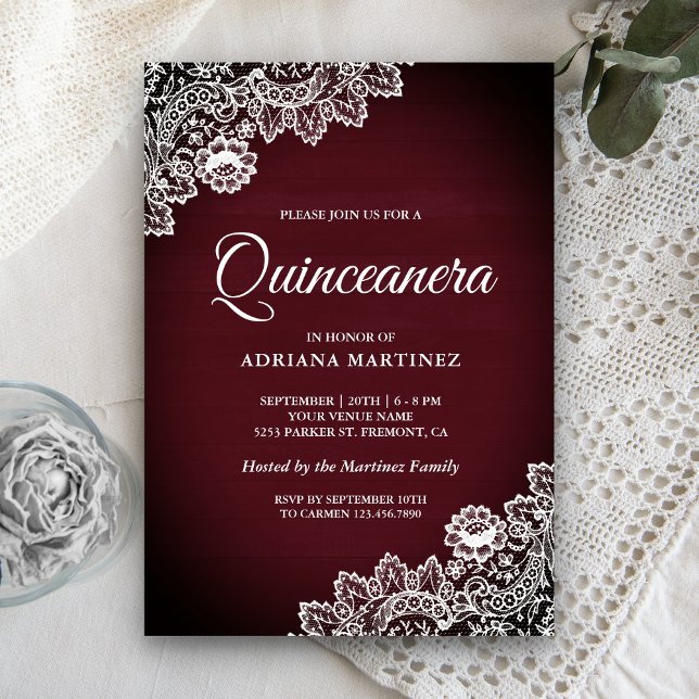 Invitación Vintage Country Burgundy Wood Lace Quinceanera (Subido por el creador)