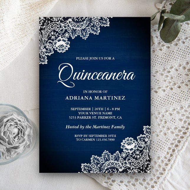 Invitación Vintage Country Navy Blue Wood Lace Quinceanera (Subido por el creador)