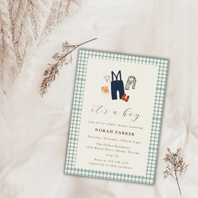 Invitación Vintage Country Plaid Boy Clothes Baby Shower (Watercolor Boho Boy Winter Clothes Baby Shower Invitation)