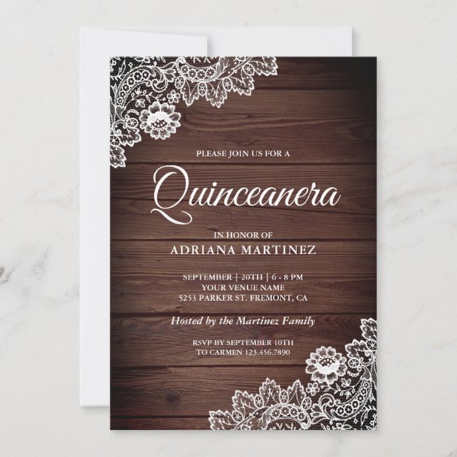 Invitación Vintage Country Rustic Wood Lace Quinceanera (Anverso)