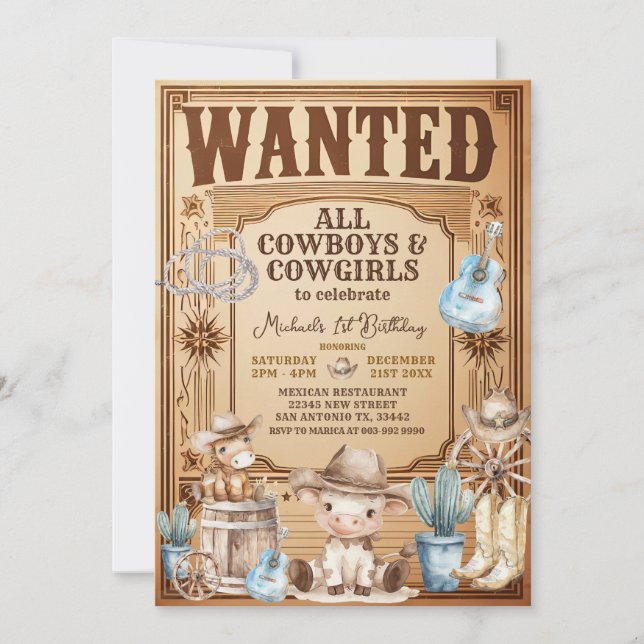 Invitación Vintage Country Western Wanted Cumpleaños (Anverso)