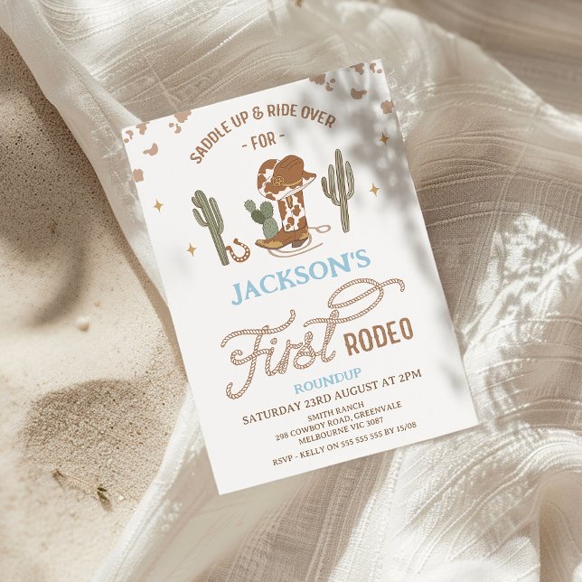 Invitación Vintage Cowboy First Rodeo Primer cumpleaños (Boys First Rodeo 1st Birthday Invitation, Cowboy 1st Birthday Invitation Boy, Western Wild West )