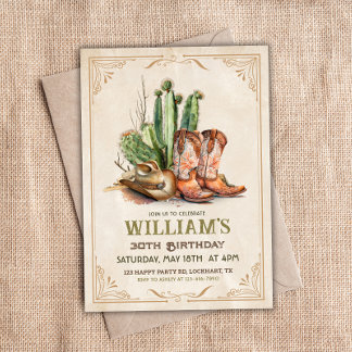 Invitación Vintage Cowboy Western Boots Gorra y Cactus del de