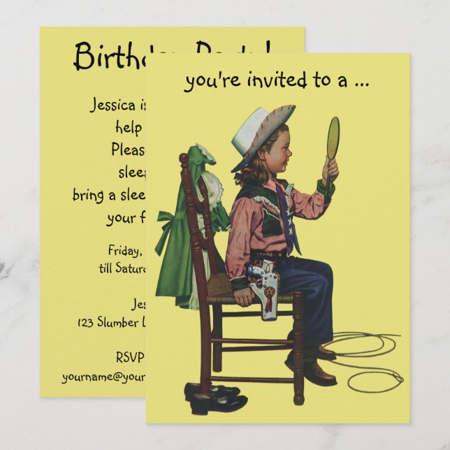 Invitación Vintage Cowgirl Sleepover Chica Fiesta de cumpleañ (Anverso / Reverso)