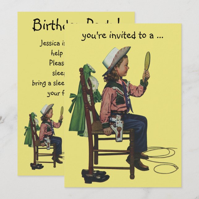 Invitación Vintage Cowgirl Sleepover Chica Fiesta de cumpleañ (Anverso / Reverso)
