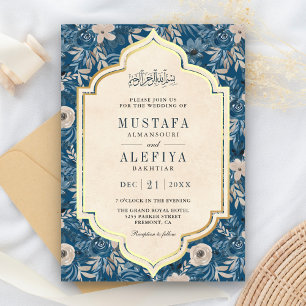 Invitación Vintage Crema Oro Azul Floral Boda Musulmana