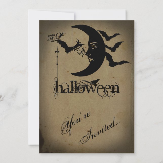 Invitación Vintage Crescent Moon and Bats Halloween Party (Anverso)