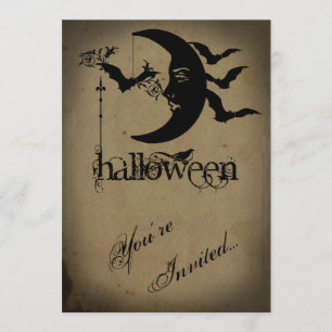 Invitación Vintage Crescent Moon and Bats Halloween Party