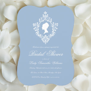 Invitación Vintage Crest Azul Polvo Regencia Desayuno de Novi