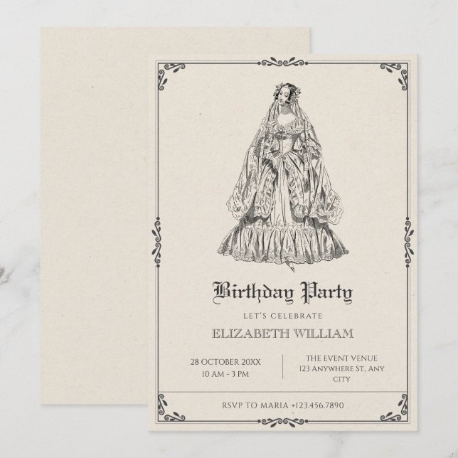 Invitación Vintage cumpleaños de vestimenta victoriana (Anverso / Reverso)