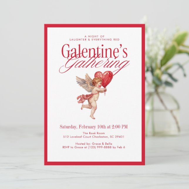 Invitación Vintage Cupid Galentine’s Gathering Party (Anverso de pie)