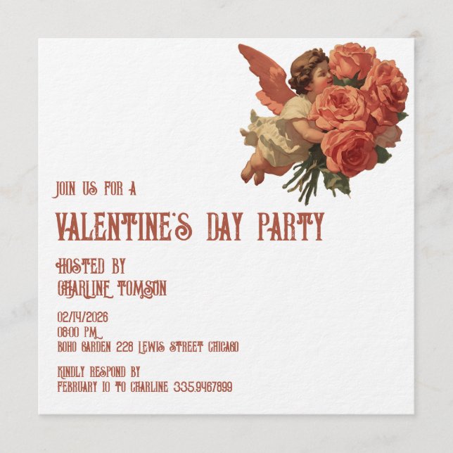 Invitación Vintage Cupid with Rose Bouquet (Anverso)