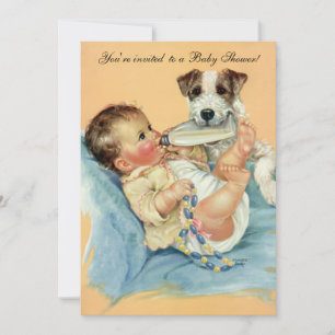 Invitación Vintage Cute Baby Botella Puppy Dog, Baby Shower