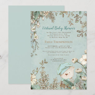 Invitación Vintage Cute Bear Floral Leaf Virtual Baby Shower