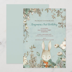 Invitación Vintage Cute Bunny Floral Leaves primer cumpleaños