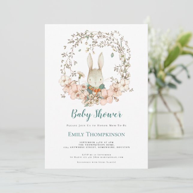 Invitación Vintage Cute Bunny Foliage Turquoise Baby Shower (Anverso de pie)