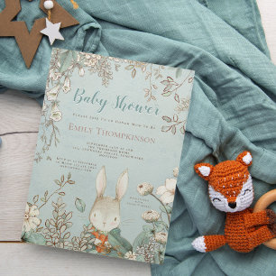 Invitación Vintage Cute Bunny Wild Flowers Boy Baby Shower