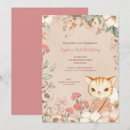 Invitación Vintage Cute Cat Floral Leaves Primer Chica de cum