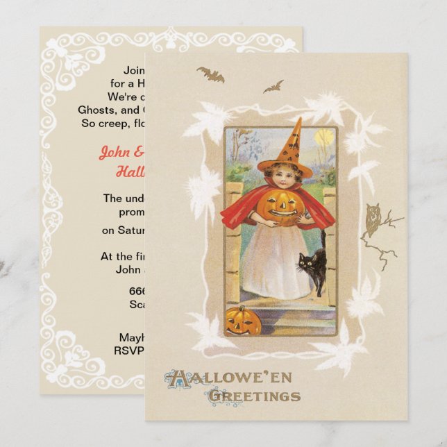Invitación Vintage Cute Little Witch Halloween (Anverso / Reverso)