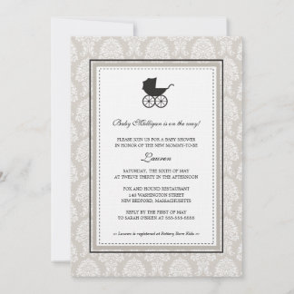 Invitación Vintage Damask Baby Carrier Baby Shower