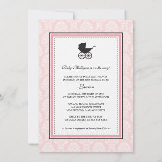 Invitación Vintage Damask Baby Carrier Baby Shower