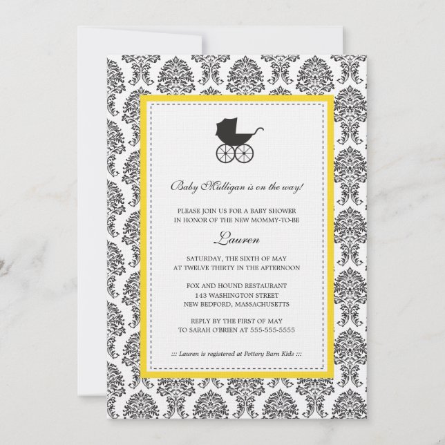 Invitación Vintage Damask Baby Carrier Baby Shower (Anverso)