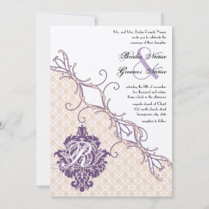 Invitación Vintage Damask Silver Peony & Grape Wedding Invite