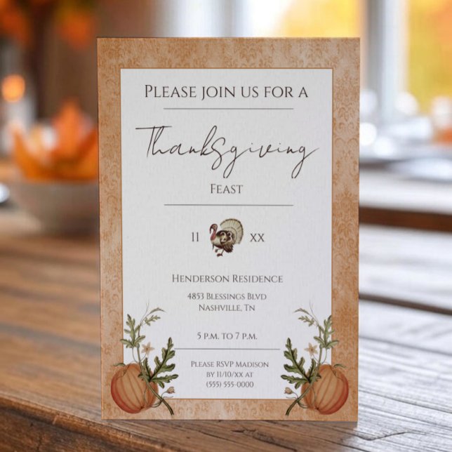 Invitación Vintage Damask Thankding Dinner | NARANJA (Orange Vintage Damask Thanksgiving Dinner Invitation)