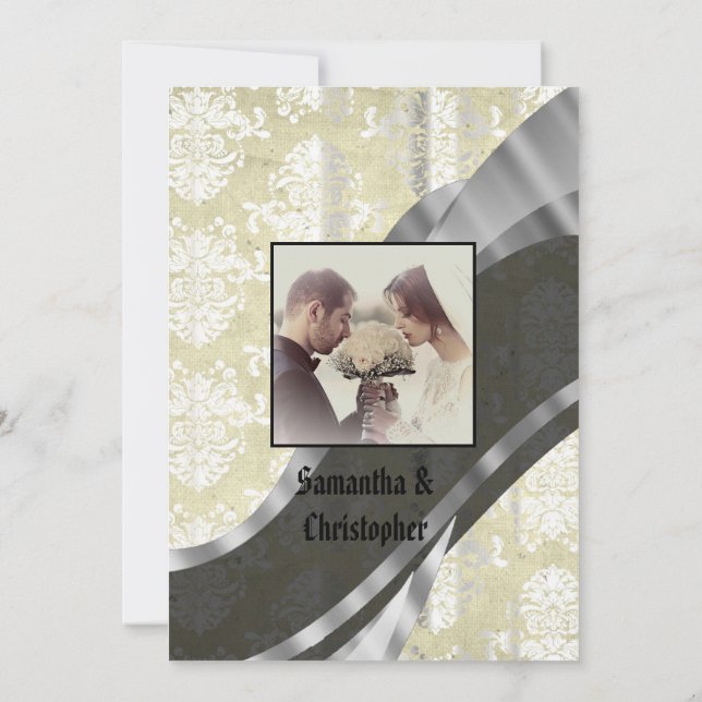 Invitación Vintage damask wedding photo invitation (Reverso)