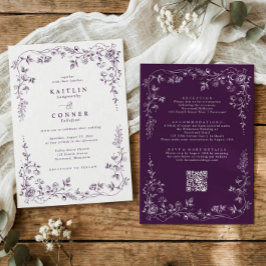 Invitación Vintage Dark Purple French Floral Wedding