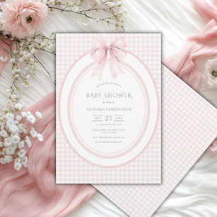 Invitación vintage de baby shower con gingham rosa