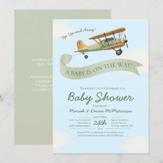 Invitación vintage de ducha de bebé para avión