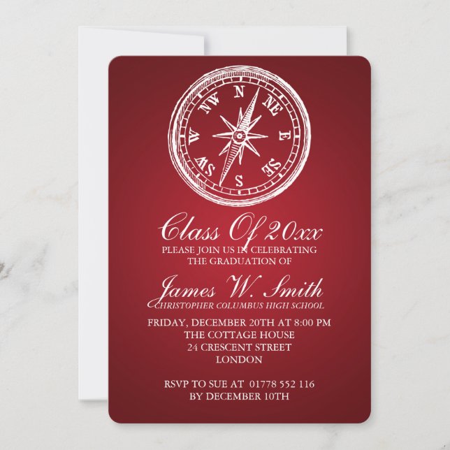 Invitación Vintage de graduación rojo (Anverso)