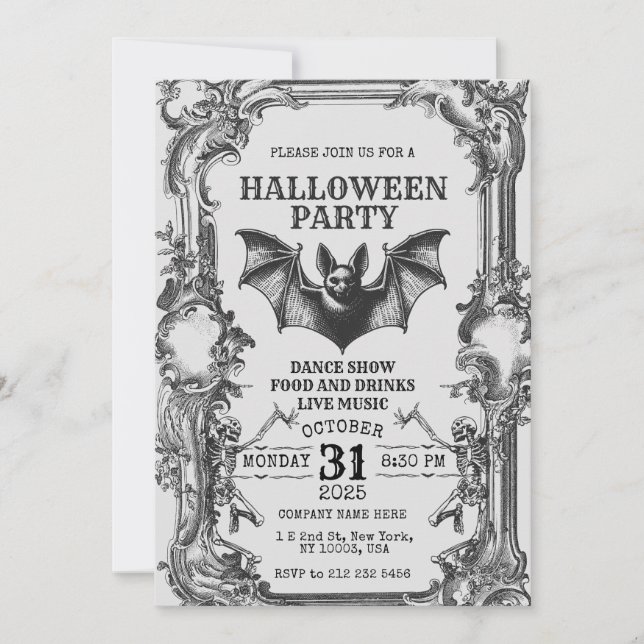 Invitación vintage de Halloween con esqueletos y m (Anverso)