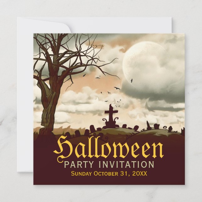 Invitación vintage de Halloween de cementerio con  (Anverso)
