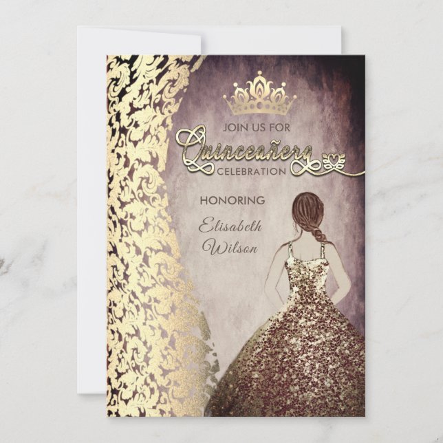 Invitación Vintage de oro damask tiara Quinceañera (Anverso)