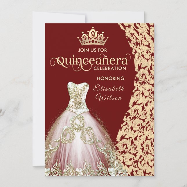 Invitación Vintage de oro damask tiara Quinceañera (Anverso)