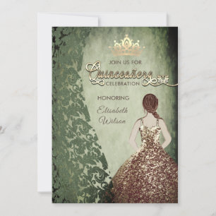Invitación Vintage de oro damask tiara Quinceañera