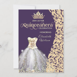 Invitación Vintage de oro damask tiara Quinceañera Inv