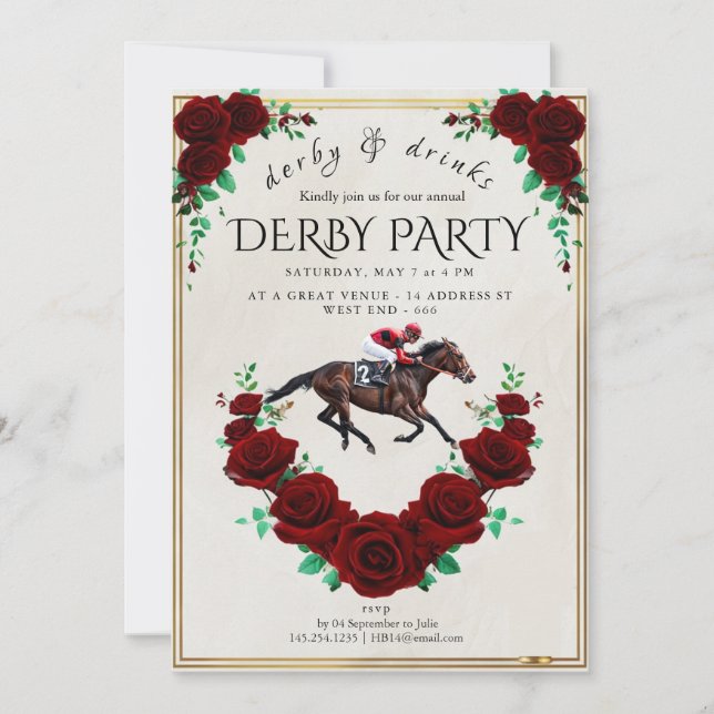 Invitación Vintage del Derby de Kentucky Rosas Roj (Anverso)