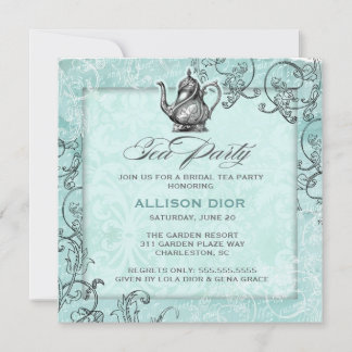 Invitación Vintage del Fiesta del té azul Verde azulado GC