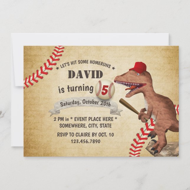 Invitación Vintage Dinosaur Baseball 5ª Fiesta de Cumpleaños (Anverso)